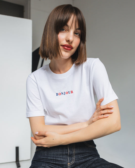 Bonjour Embroidery T-Shirt – French-Inspired Unisex Tee