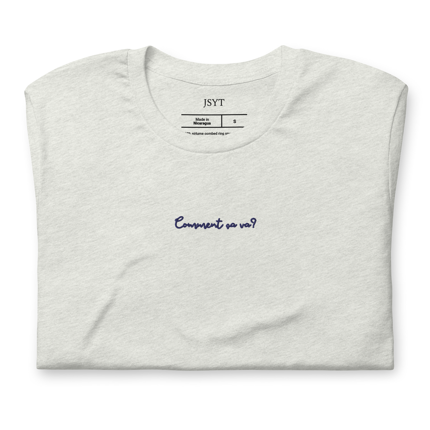 grey t-shirt with blue french embroidery