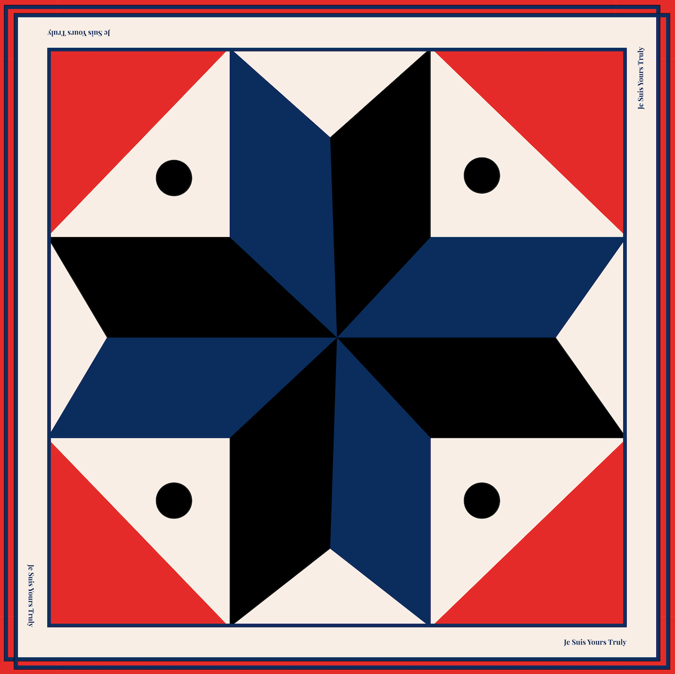 Geometric design with a star pattern in red, blue, and black on a white background.