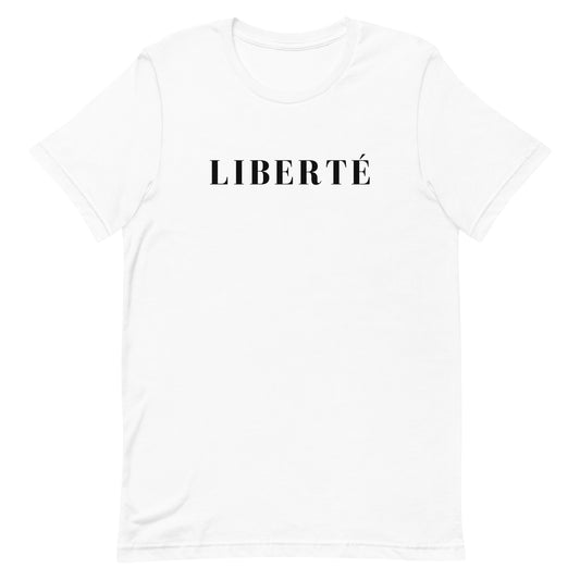 unisex liberté wrod t-shirt. white tee with french expression. liberté t-shirt.