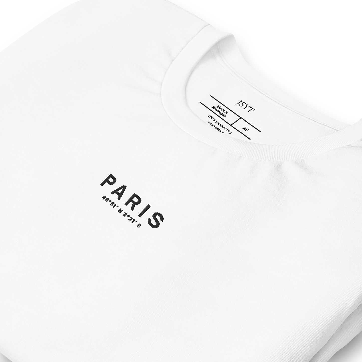 White t-shirt with 'PARIS' text and brand logo on a white background
