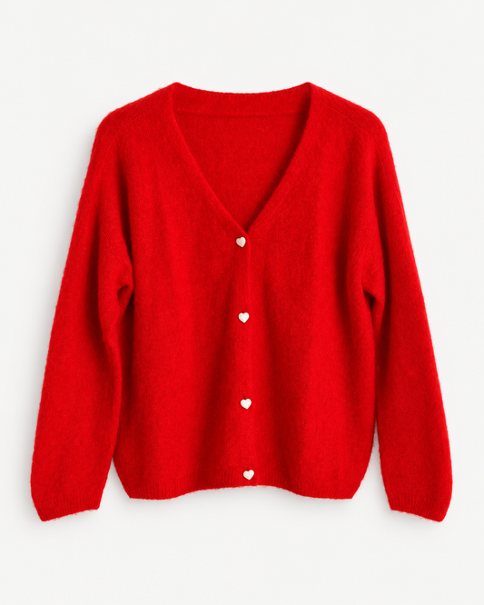 Alpaka Heart-Button Cardigan - Red