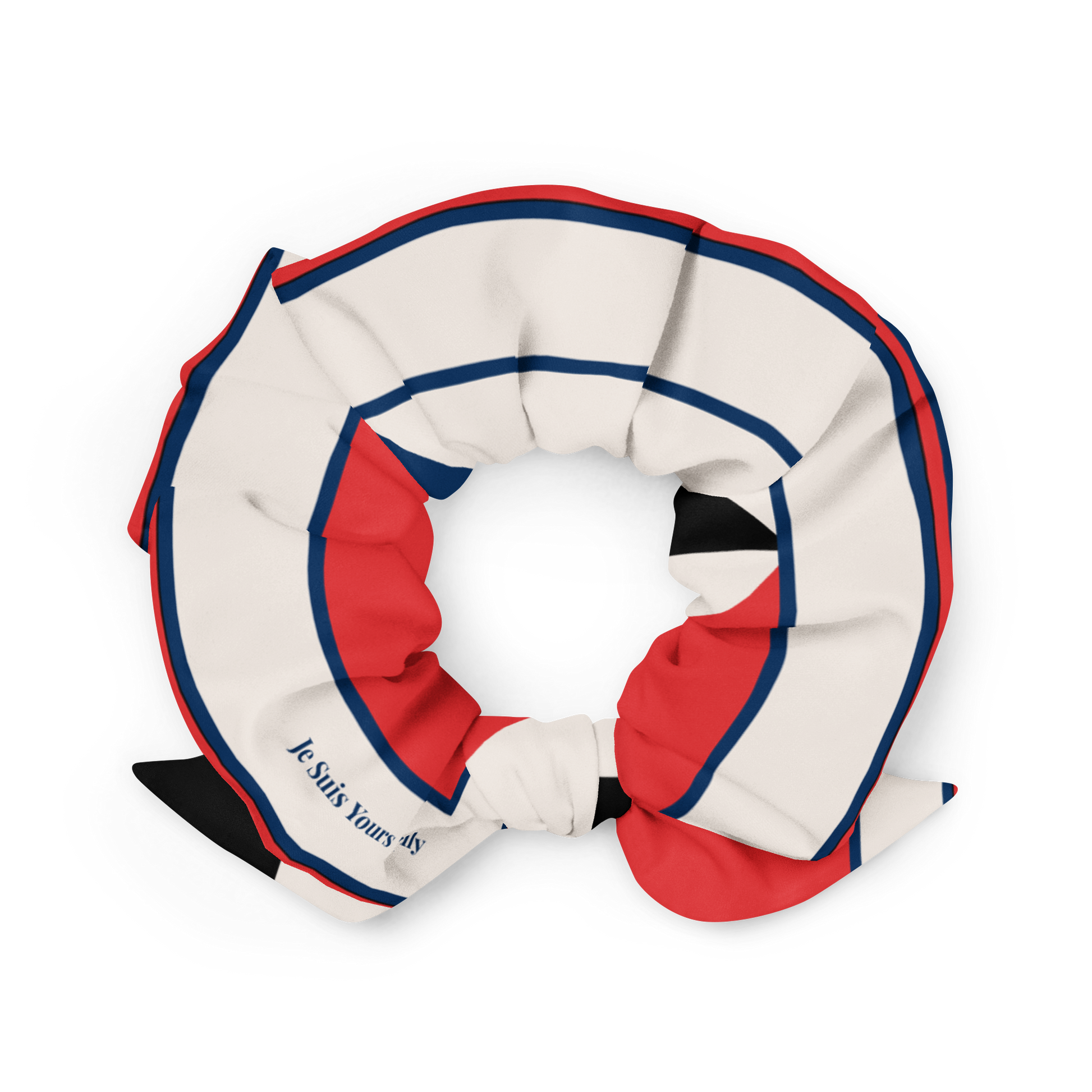 Srunchie with red, white, and blue design on a white background