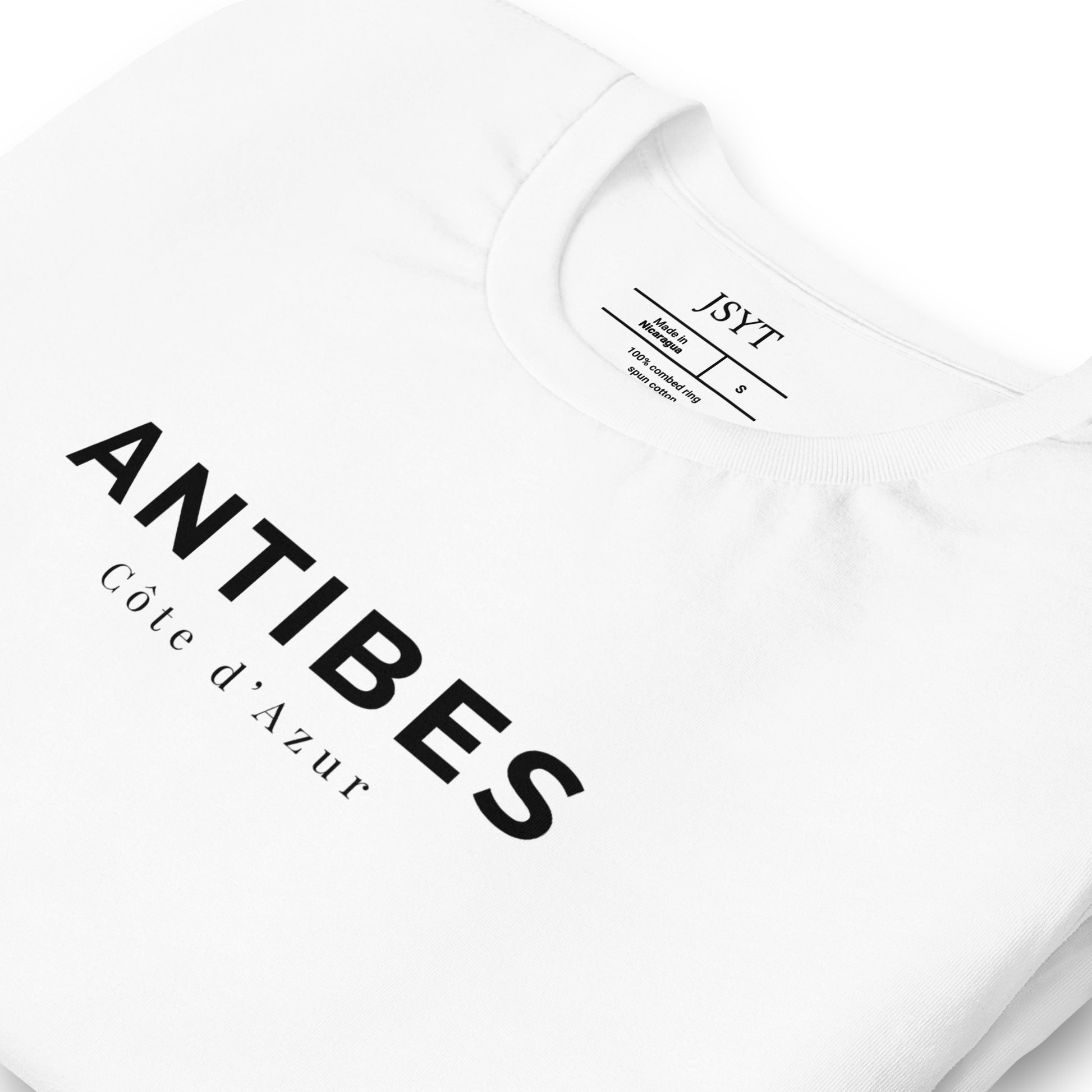 White t-shirt with 'ANTIBES CÓte d'Azur' text. Antibes city tee. Antibes t-shirt. 