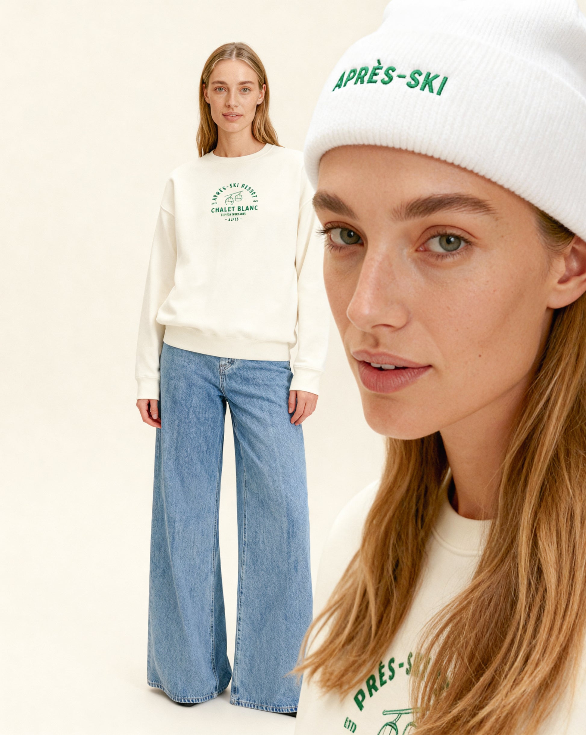 Woman wearing a white sweatshirt with green text and blue jeans, standing next to a close-up of the same woman wearing a white beanie with green text.