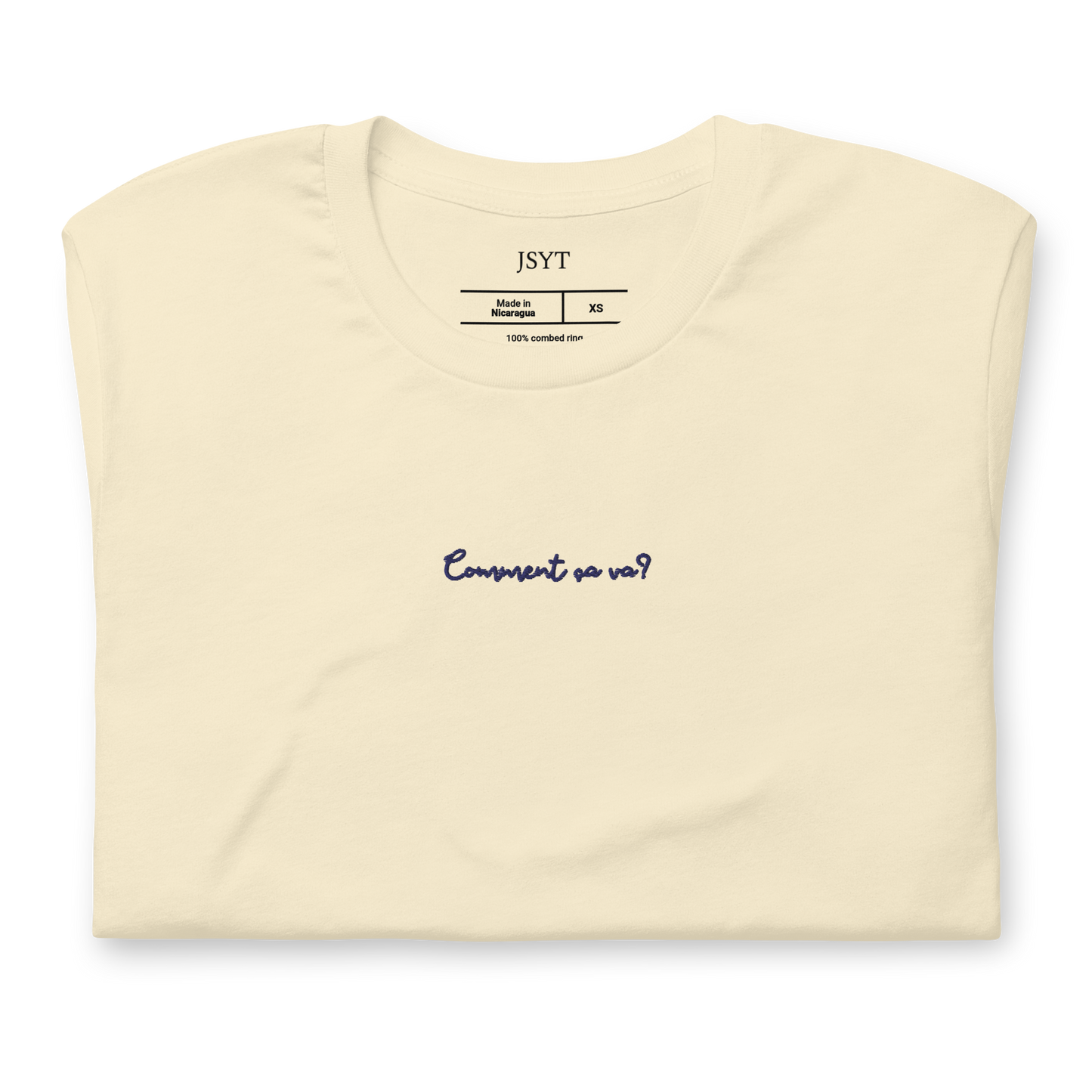 beige t-shirt with comment ca va embroidery