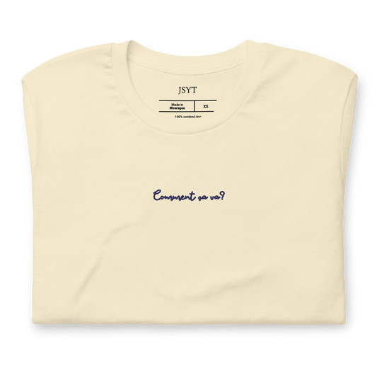 beige t-shirt with comment ca va embroidery