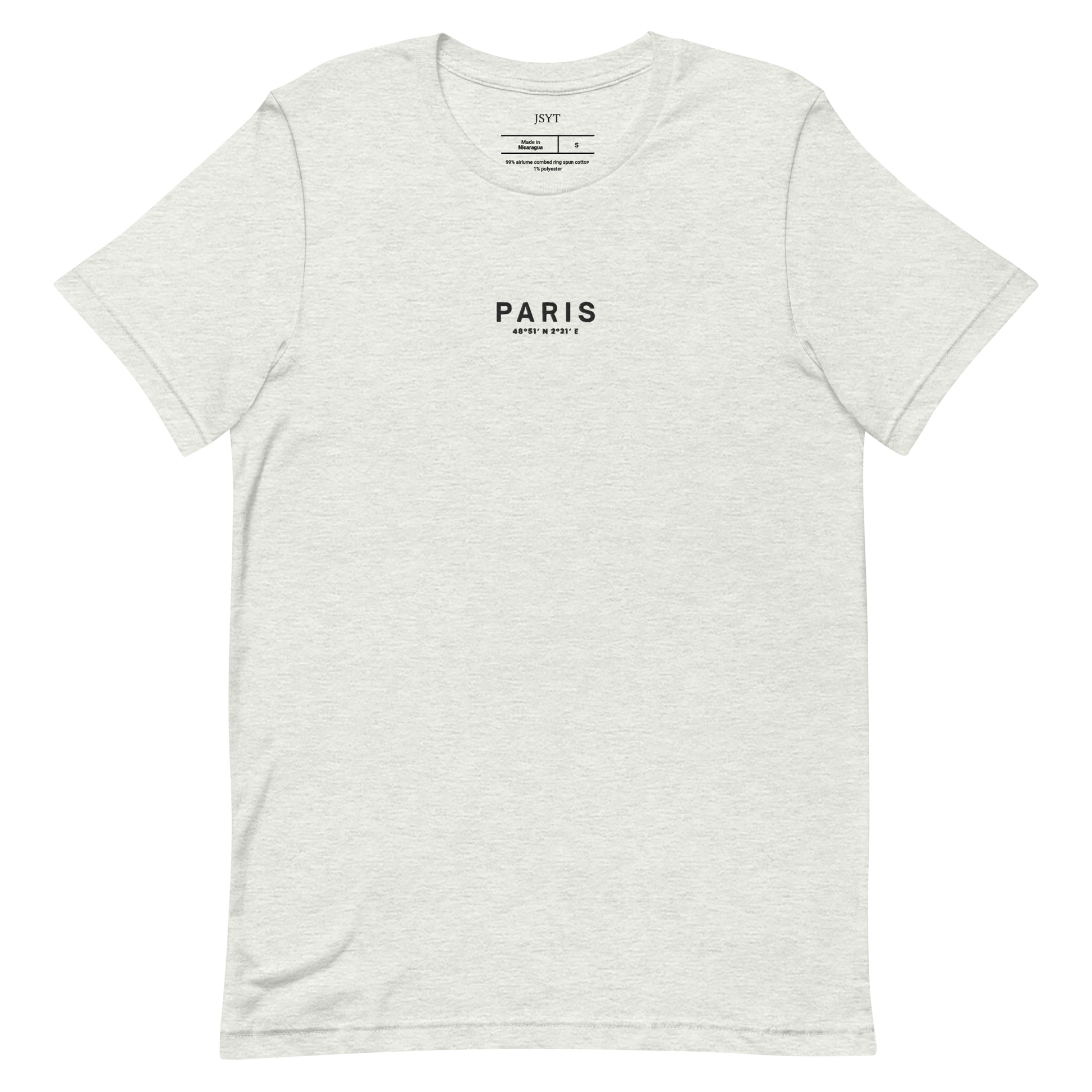Gray t-shirt with 'PARIS' text on a white background