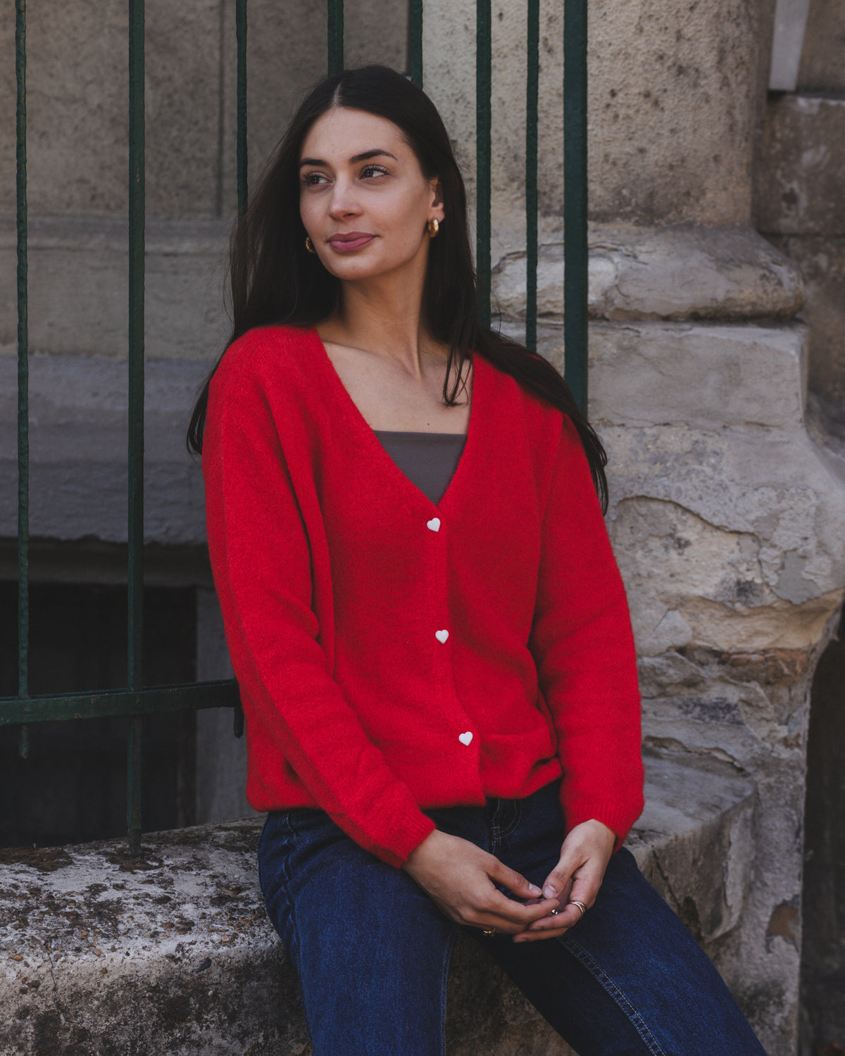 Alpaka Heart-Button Cardigan - Red