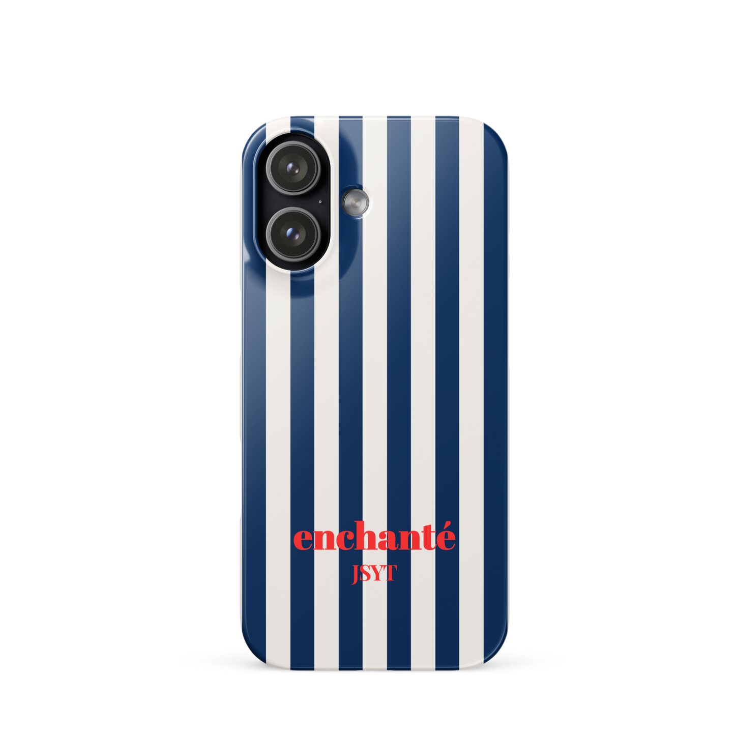 blue white breton stripe phone case with red enchanté text