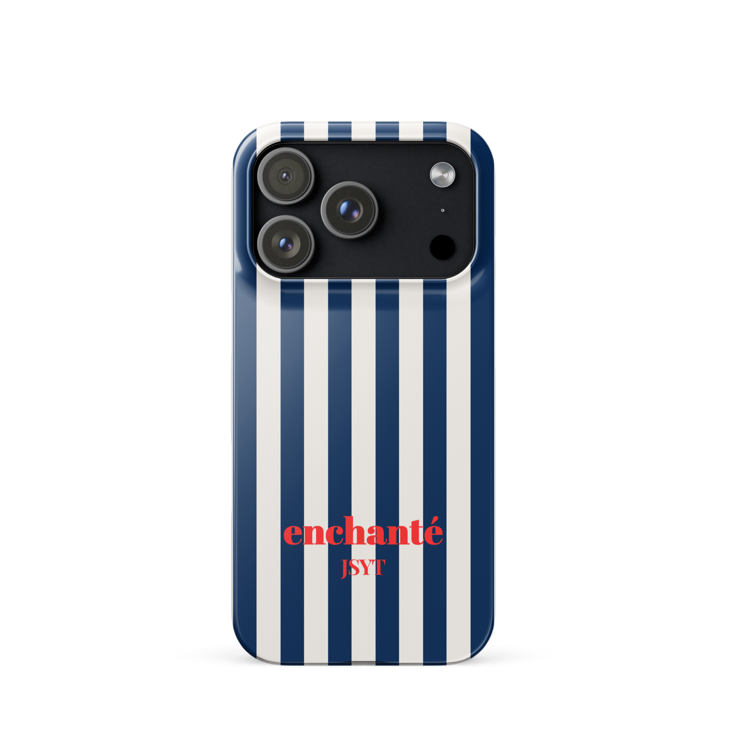 blue white breton stripe phone case with red enchanté text