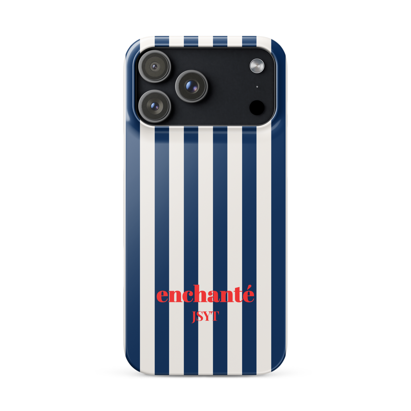 blue white breton stripe phone case with red enchanté text