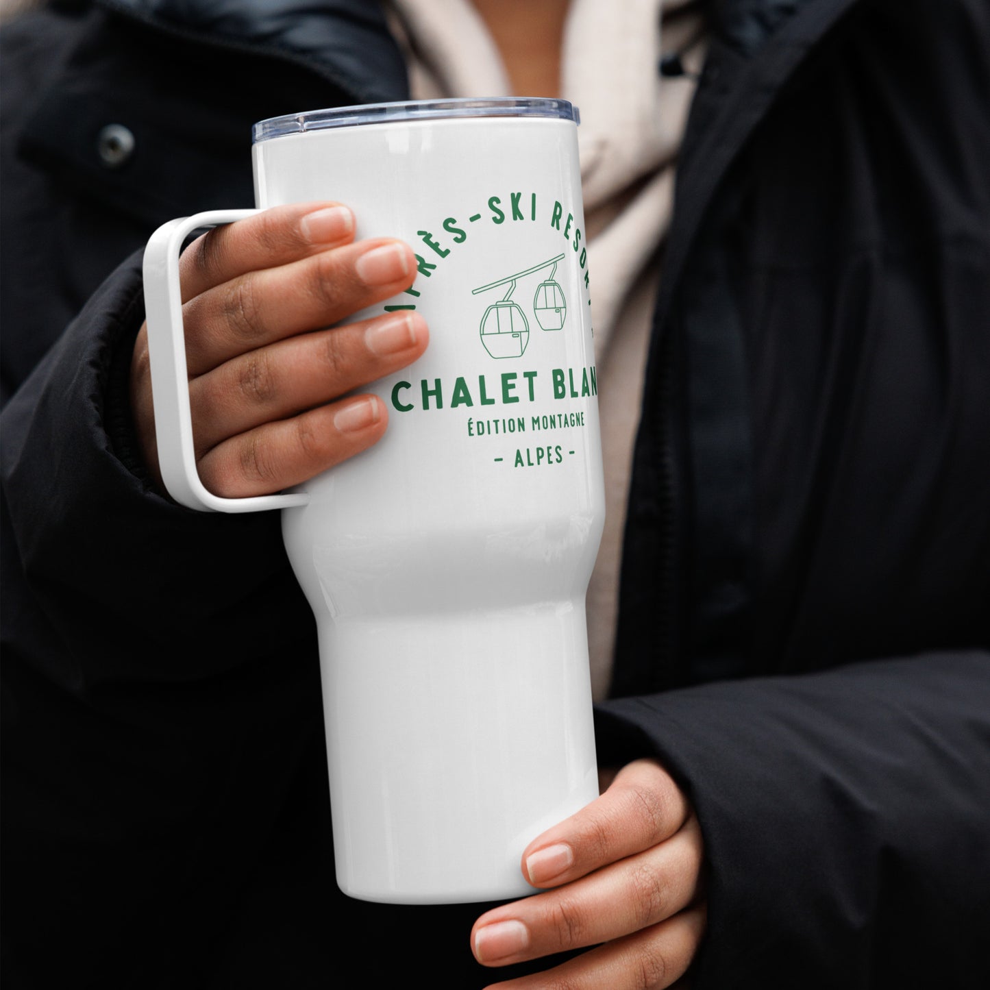 Travel mug inspired by French alpine aprés-ski lifestyle