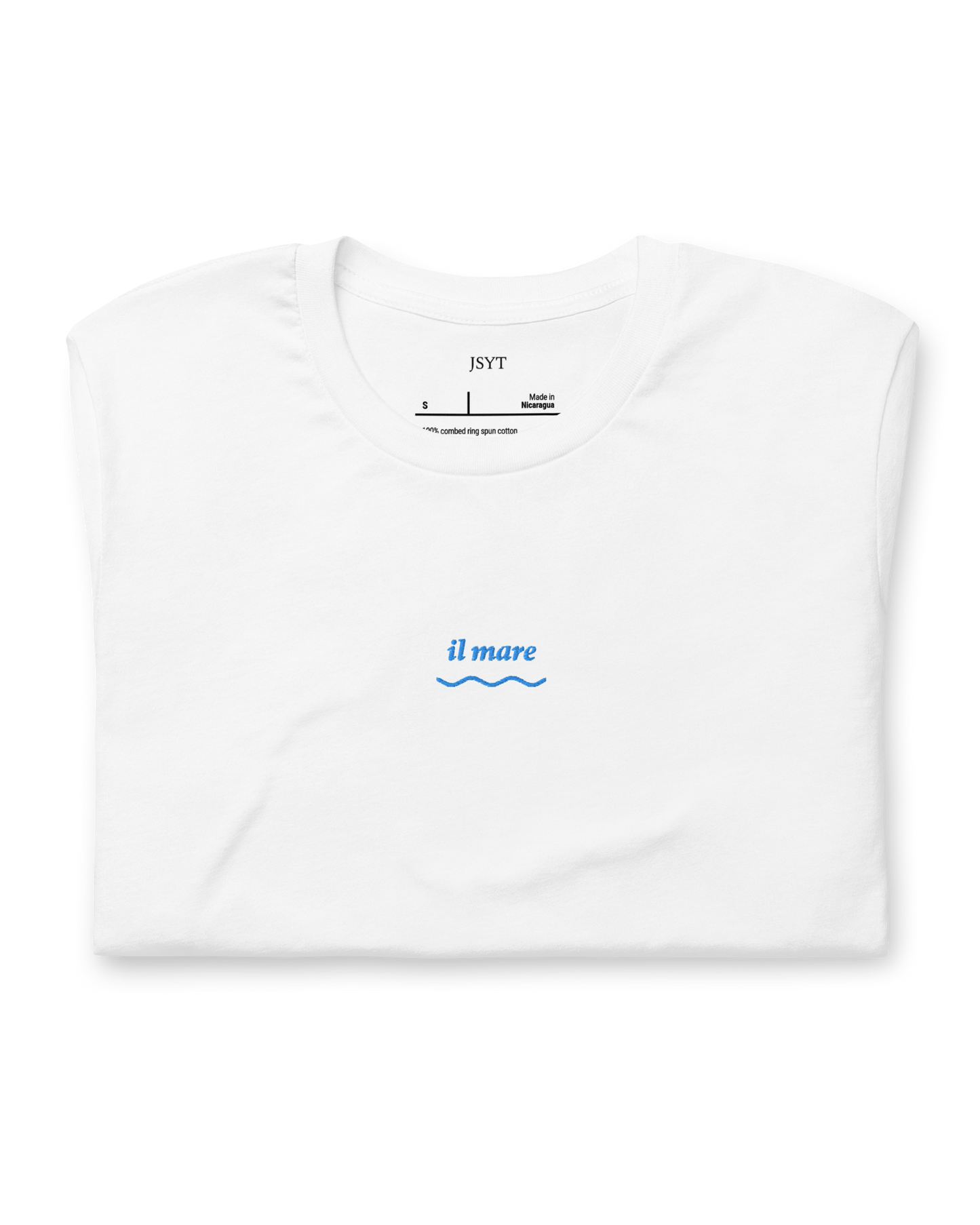 White t-shirt with 'il mare' text and blue wave design on a white background