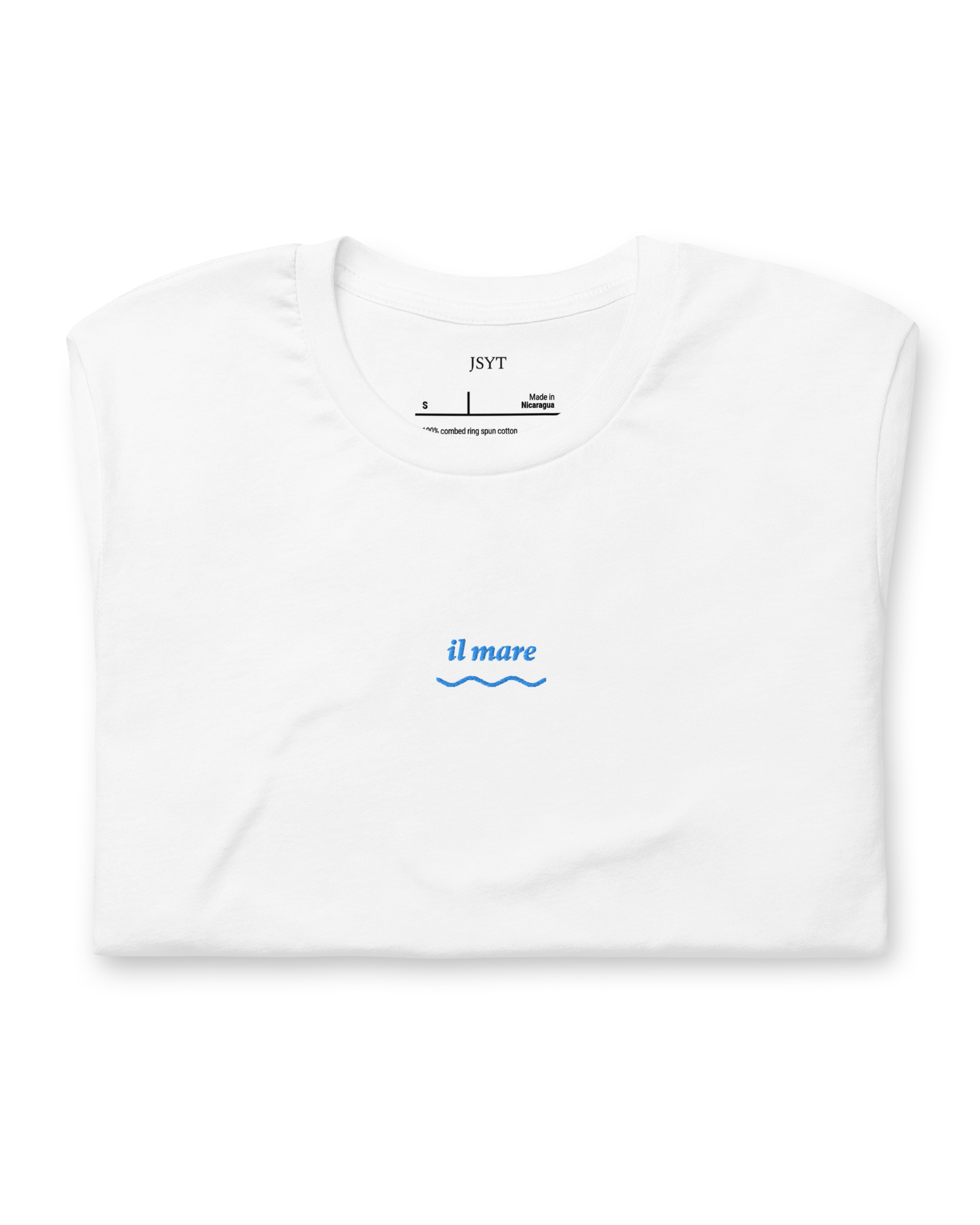 White t-shirt with 'il mare' text and blue wave design on a white background