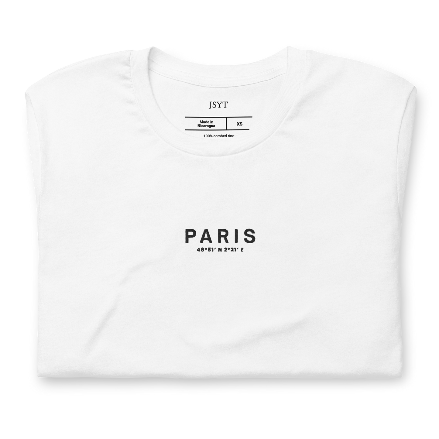 White t-shirt with 'PARIS' text on a white background